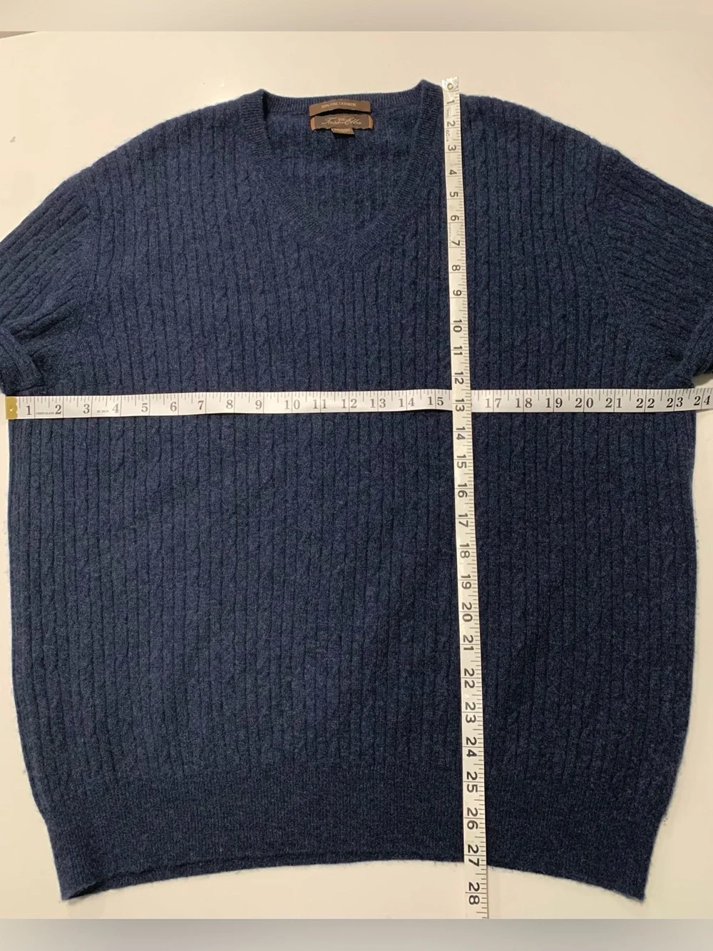 Men’s Cozy Vintage Tasso Elba Navy Cashmere V-Neck Cable Knit Sweater Coastal, L